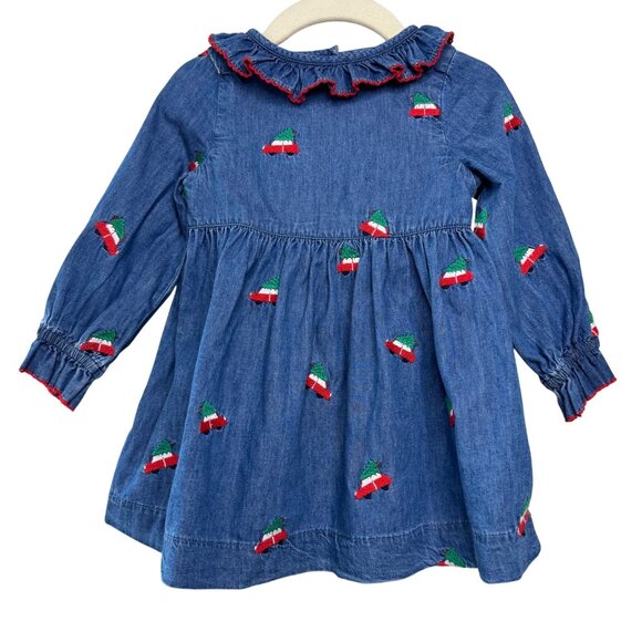 MINI BODEN Christmas Tree Dress Girls 12-18 Mo Festive Cars Embroidered Chambray - Picture 1 of 9